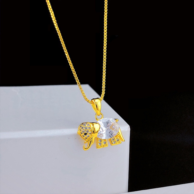 Goldkingdom Perhiasan Fashion Emas Asli Kadar 375Bangkok Aksesoris Ready Stock Wanita Zirkon Pendek Berlian Emas Gajah Liontin Kalung