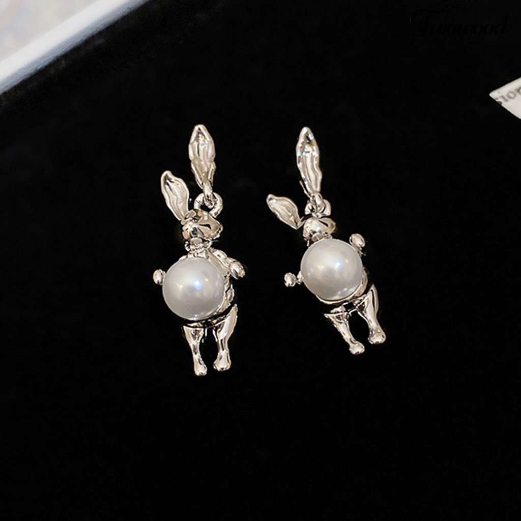 Twowood 1pasang Ear Studs Lucu Warna Perak Membawa Keberuntungan High Gloss Faux Pearl Rabbit Kelinci Wanita Anting Perhiasan Aksesoris