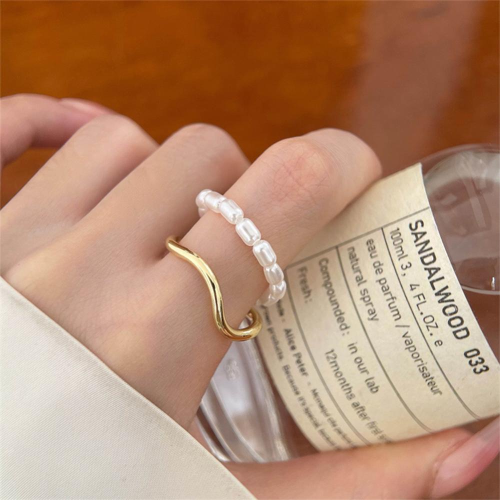 Timekey Fashion Simple Double-layer Pearl Opening Ring Niche Adjustable Alloy Cincin Perhiasan Aksesori Untuk Wanita P1W2