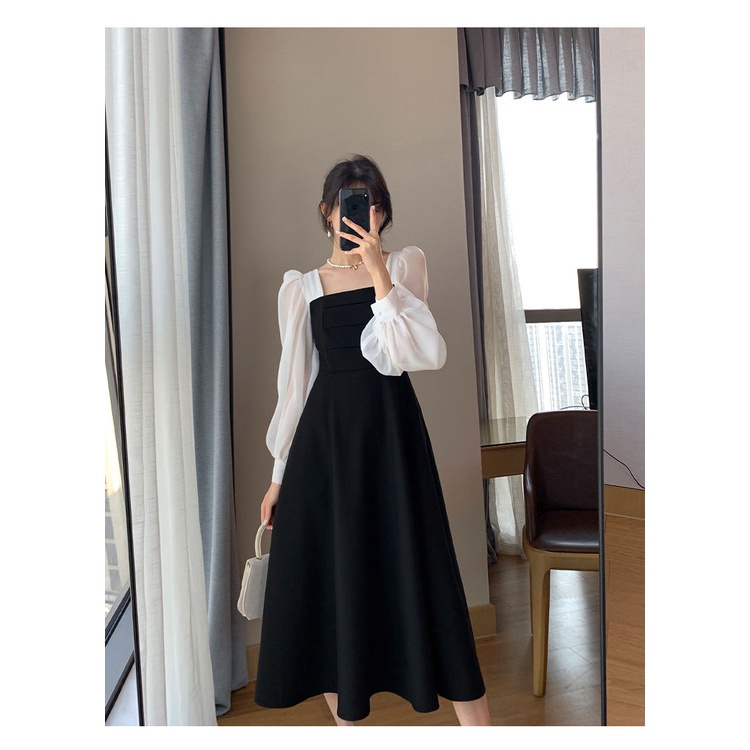 Korea style a-line hitam dress minimalis fashion dress Lengan Panjang Dress