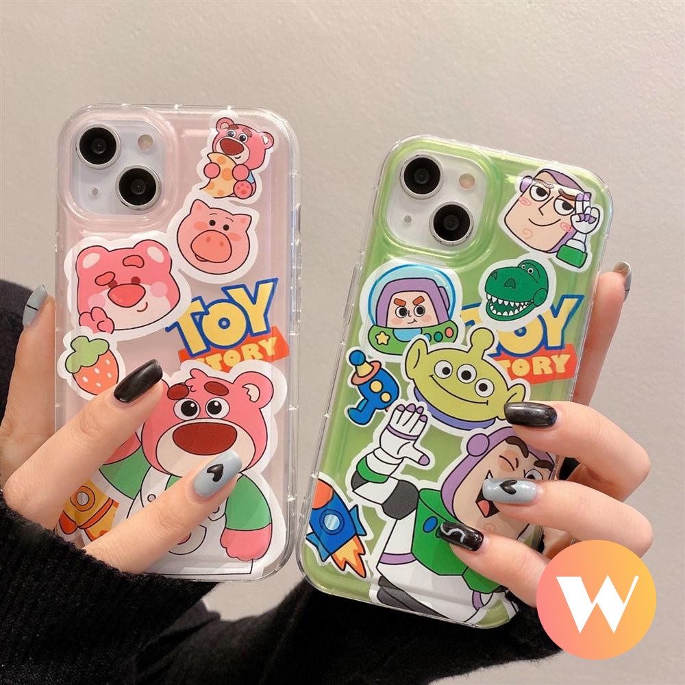 Kartun Lucu Buzz Lightyear Shockproof Airbag Case Kompatibel Untuk iPhone 7Plus XR 11 14 13 12 Pro MAX X XS MAX 6 6S 8P Plus SE 2020 Imut Strawberry Bear Toy Story Lembut TPU Cover