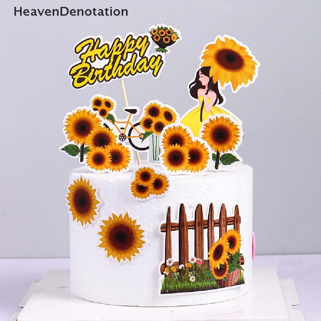 [HeavenDenotation] 1set Topper Kue Happy Birthday Bunga Matahari Gadis Sepeda Cupcake Toppers Perlengkapan HDV