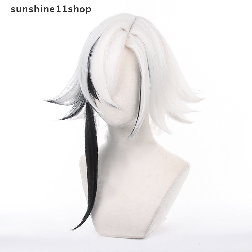 Wig Cosplay SHO Genshin Impact Arlecchino Putih Hitam Rambut Palsu Sintetis Tahan Panas N