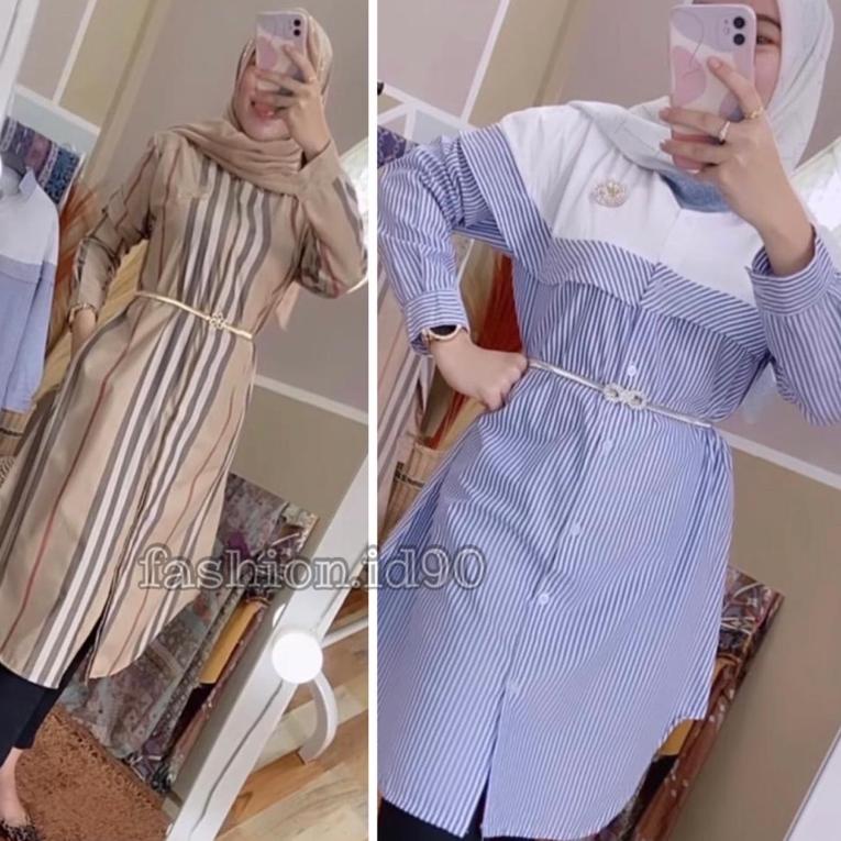 NEW STOCK FASHION.ID90 TUNIK KEMEJA KOMBINASI KEMEJA SALUR BIRU DAN BB KUALITAS IMPORT / TUNIK KEKIN