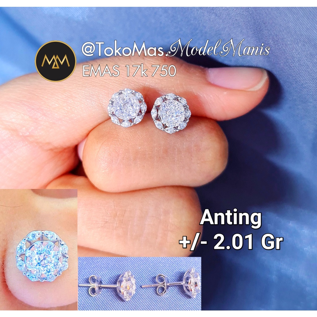 Anting tusuk bulat variasi emas putih 750 kadar 17k