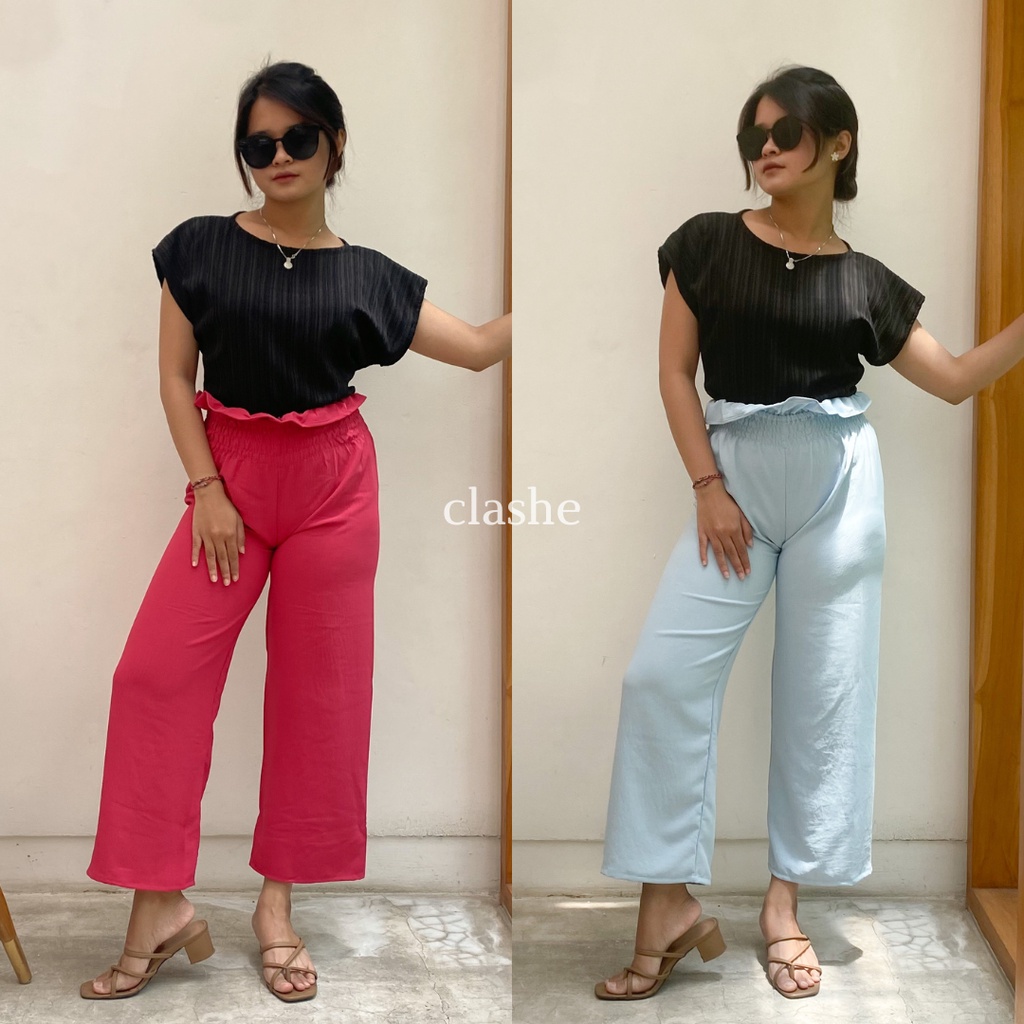 Celana Kulot Kembang Wanita Crinkle Airflow Anti Lecek Terbaru Korean Style Ootd Kekinian Tiara Pants by Clashe