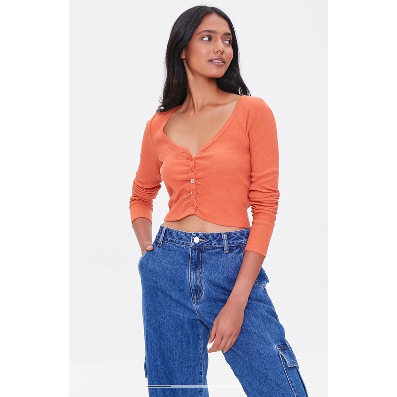 F21 Ruched Button Cardigan Top