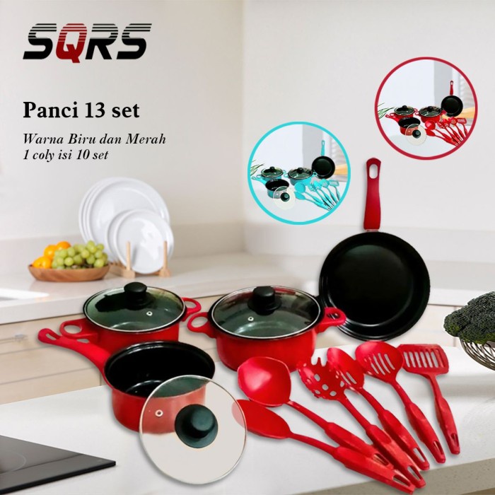 Panci Set Serbaguna 13 pcs / Cookware Marble Set Tutup Kaca Free Spatula / Panci Set Telfon Anti Lengket