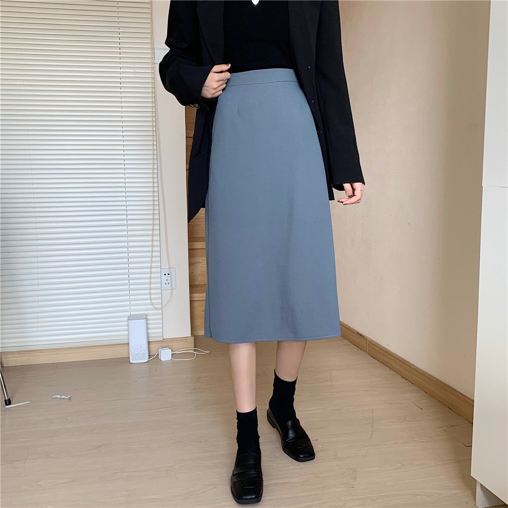 COD New 2022 Fashion Korea Women Black Blue Casual Work Midi Skirts