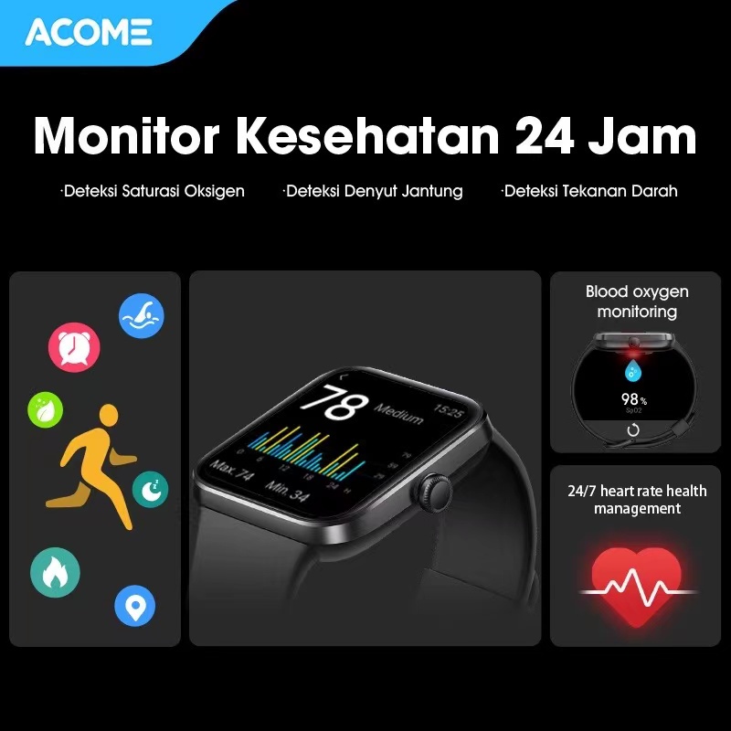 ACOME Sport Smart Watch Tahan Air Bluetooth 1.69 inch Large Screen Monitor Kesehatan Garansi Resmi 1 thn Watch S1 Plus