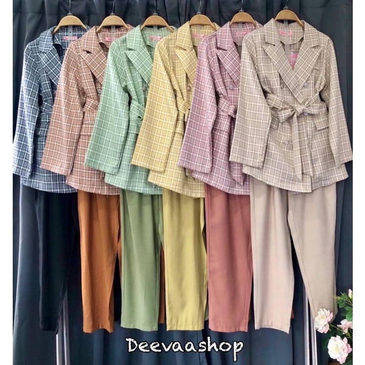 BJ - Set blazer kotak 2 in 1 celana panjang 8976 import bangkok | 391