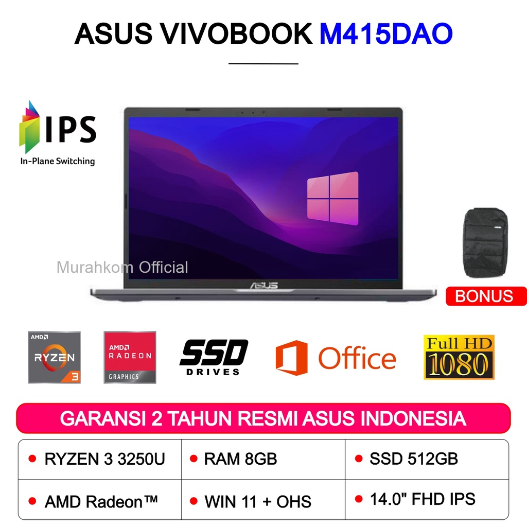 ASUS VIVOBOOK M415DAO RYZEN 3 3250U 8GB 512GB SSD WIN11+OHS 14.0&quot; FHD BACKLIT