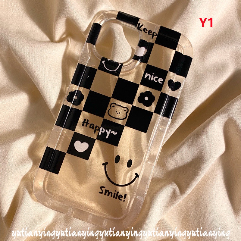 IPHONE Ins Kotak-Kotak Bear Smile Love Heart Case Kompatibel Untuk Iphone6 6S 7 8 Plus XR 11 14 13 12 Pro MAX X XS MAX Shockproof Airbag Lembut TPU Cover Bunga Pasangan Casing Ponsel