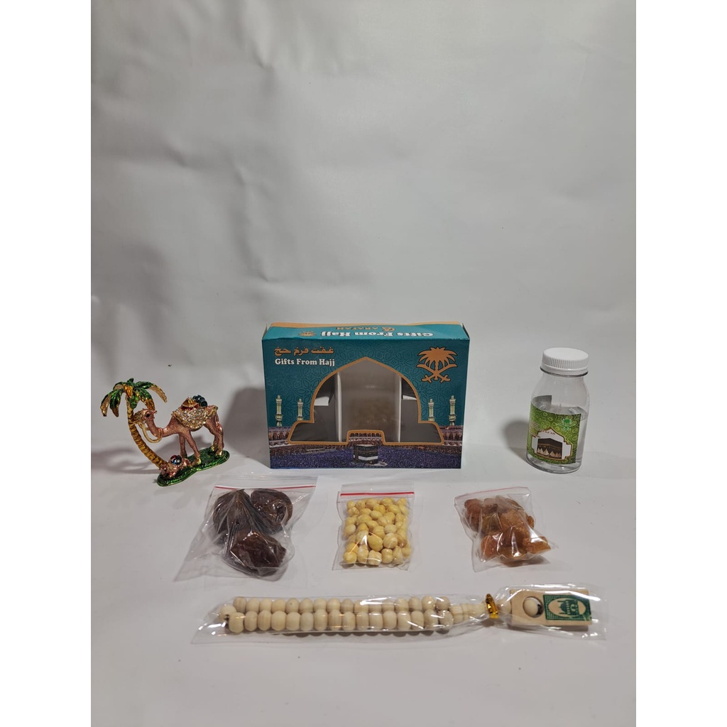 PAKET 1 oleh oleh haji dan umroh air zamzam ori + kacang arab + tasbih FIBER/KAYU
