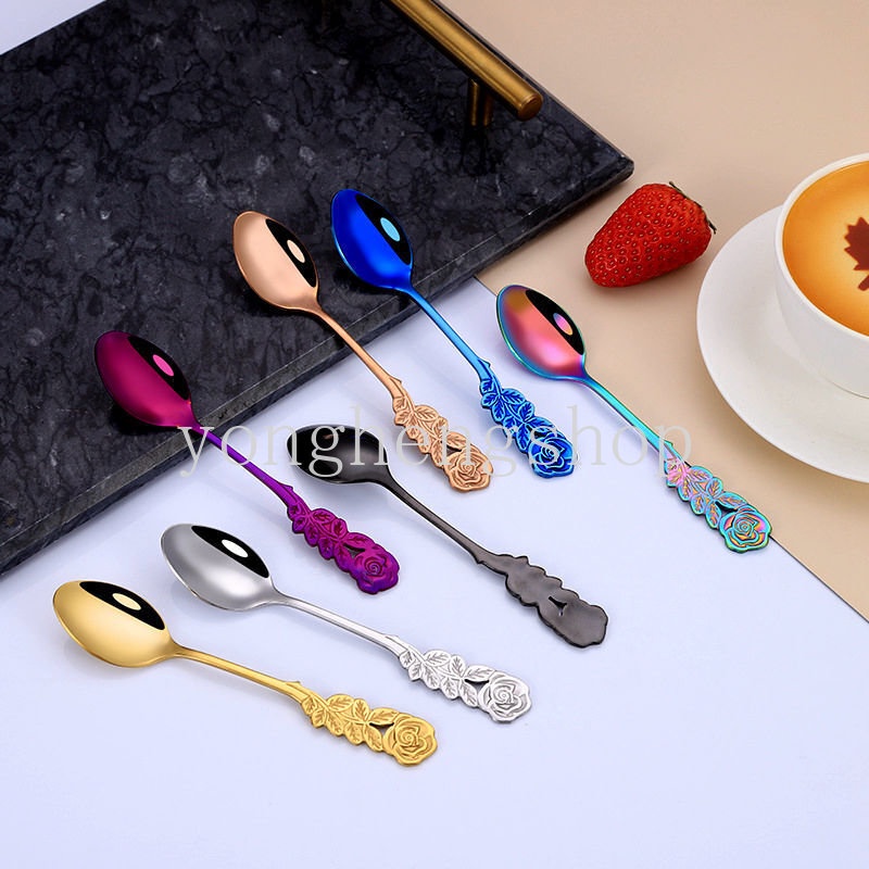 Kreatif Bentuk Bunga Mawar Handle Sendok Garpu Buah Stainless Steel Cutleries Kopi Teh Sendok Pengaduk Es Krim Sendok Dessert Spoon Tableware