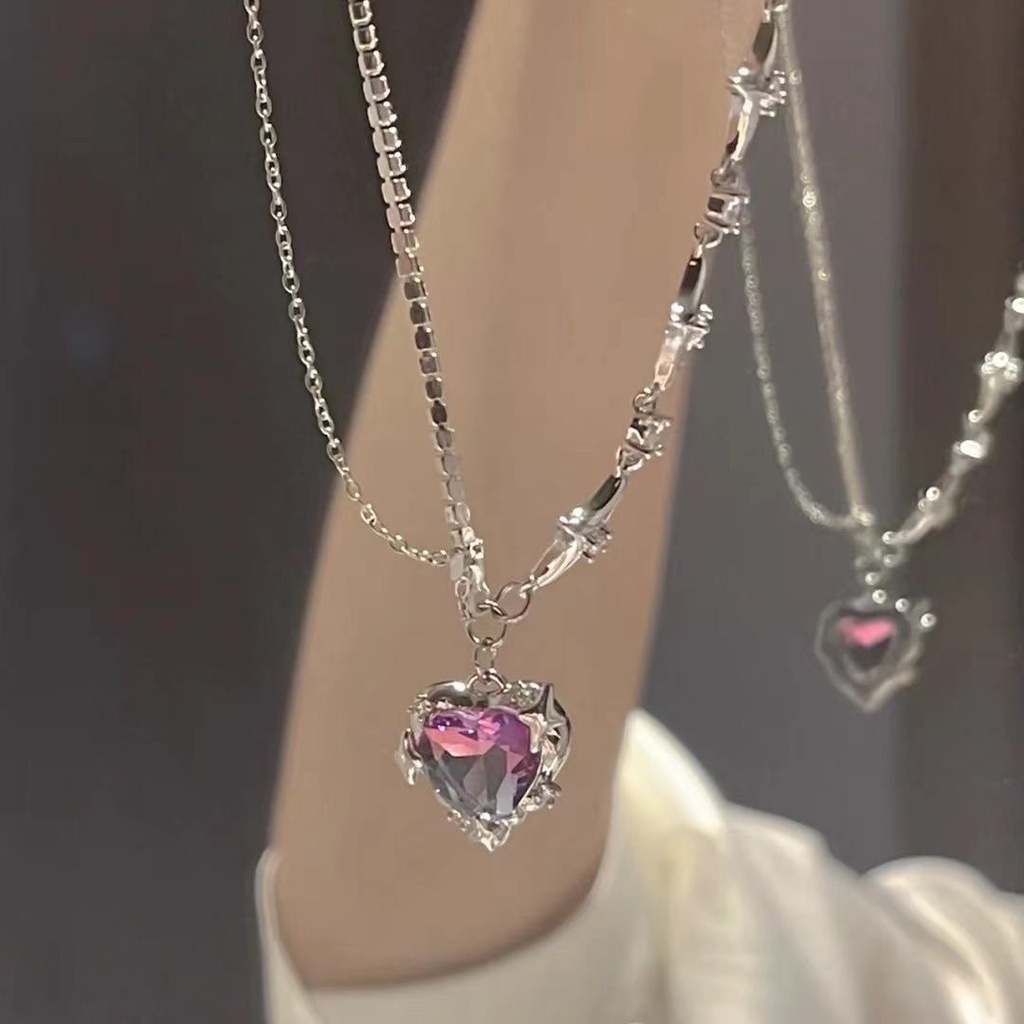 Kalung Love Hati Permata Pink Mewah Fashion Chain Choker Untuk Aksesoris Perhiasan Wanita