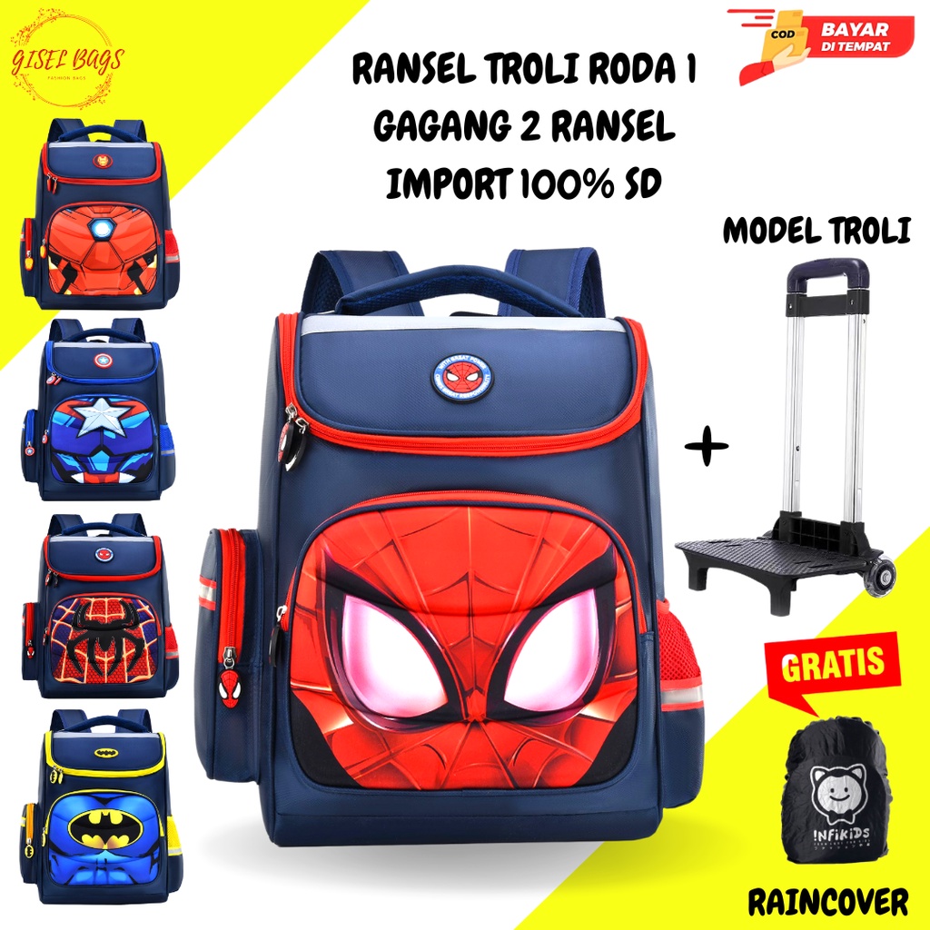 Tas troli  Roda 1 gagang 2 anak sd laki laki terbaru import gambar timbul 3D waterproof