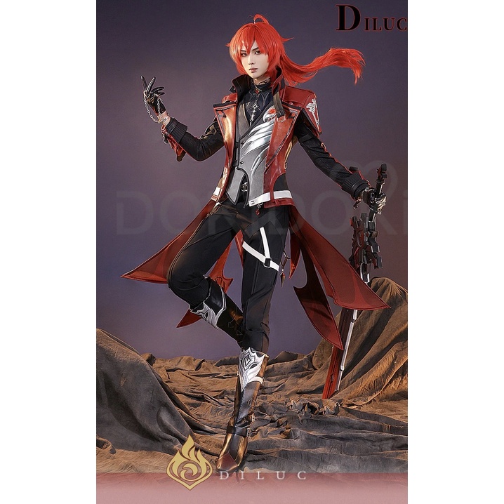 Game Genshin Impact Cosplay Diluc Costume Teyvat Red Dead of Night Diluc Cosplay High Ponytail Wig Shoes New Skin Female Clothes