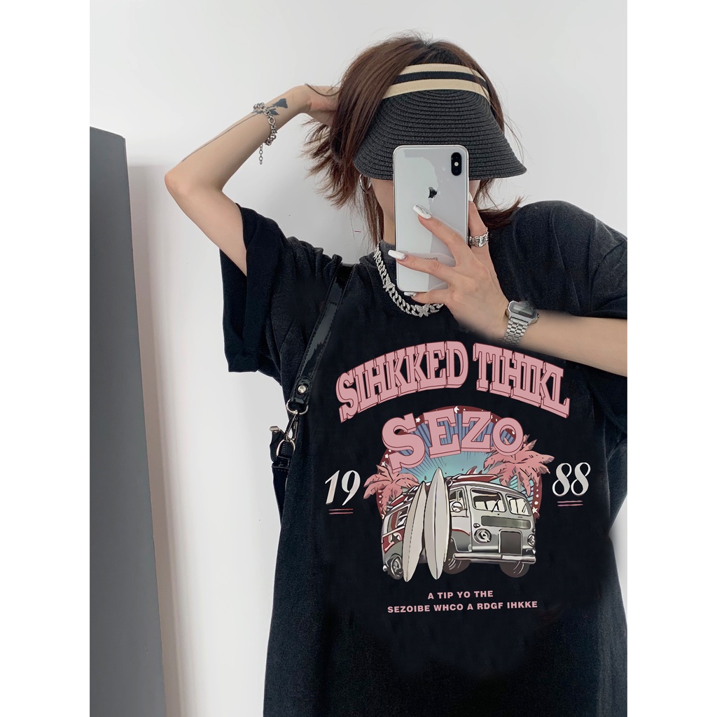 EUNII T-shirt Lengan Pendek Black Washed Retro Car Printing Korean Style/Kaos Atasan Wanita/Baju Wanita/Kaos Wanita