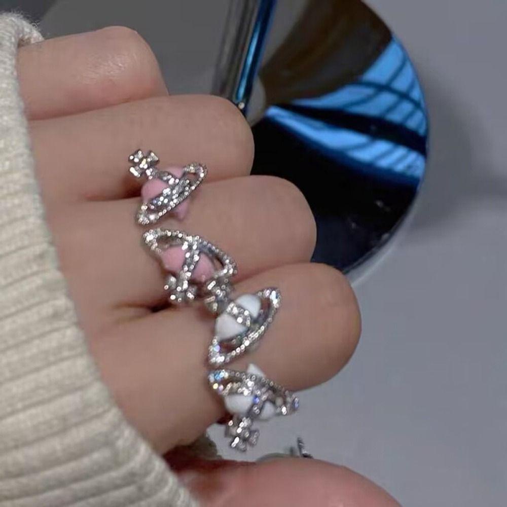 Mxbeauty Wanita Cincin Saturnus Trendi Dapat Disesuaikan Sederhana Desain Niche Planet Ganda Manis Berlian Imitasi Tembaga Pembukaan Cincin Gaya Korea Cincin