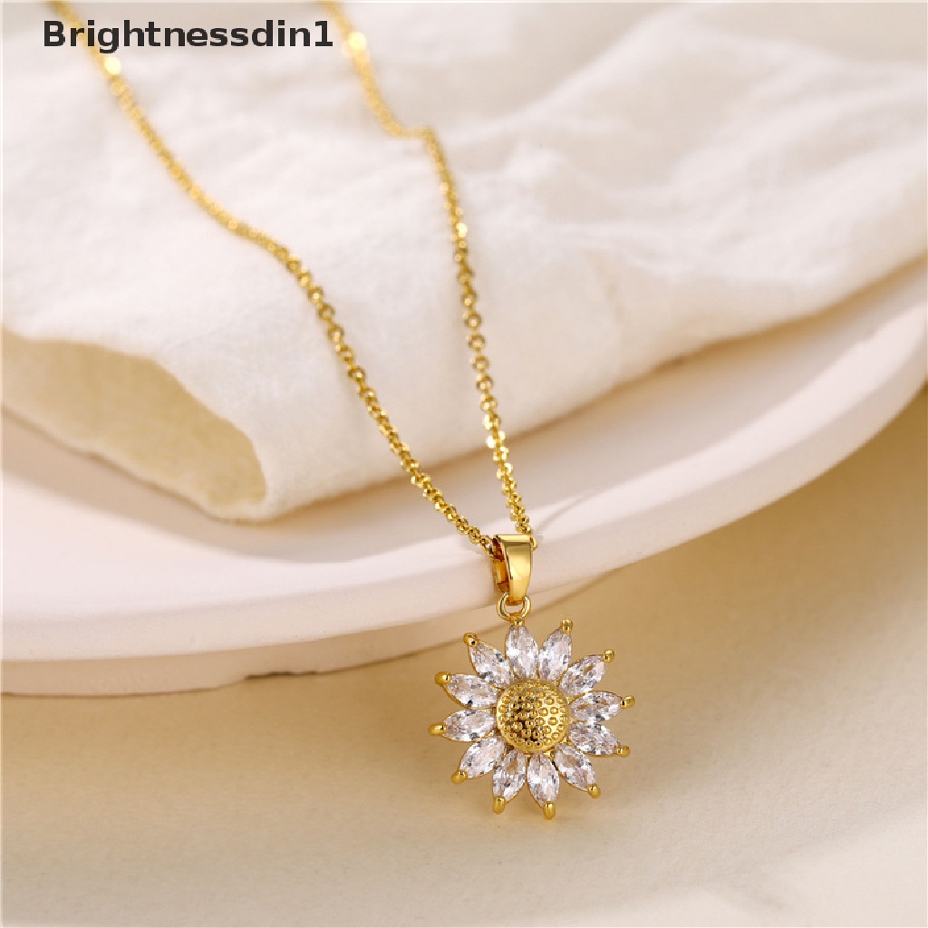 [Brightnessdin1] Fashion Baru Bunga Matahari Klavikula Kalung Choker Untuk Wanita Lucu Daun Bulu Bersinar Kristal Kalung Tetesan Air Liontin Perhiasan Butik