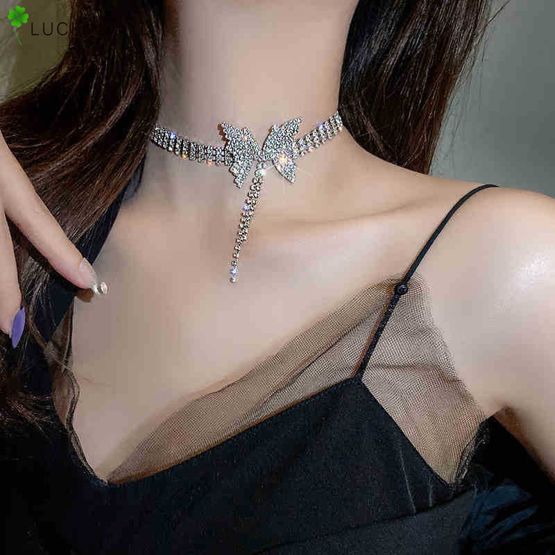 Kalung Kristal Fashion Choker Kalung Kupu-Kupu Elegan Untuk Aksesoris Perhiasan Wanita