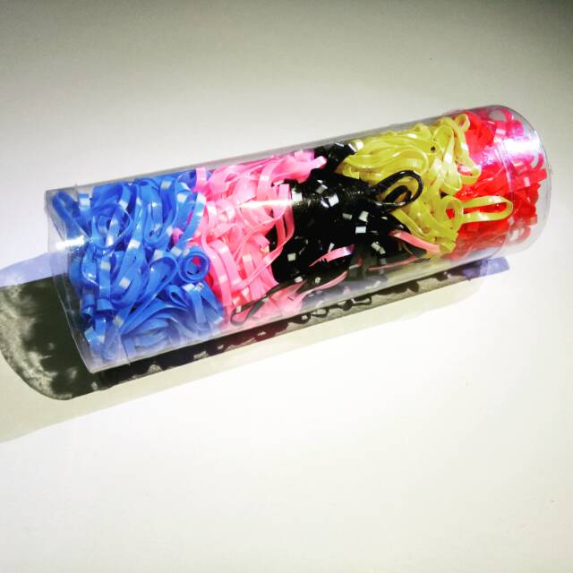Karet Rambut Warna Warni Belang  ( isi +/- 500pcs/Tube ) / Karet Rambut Jepang / Ikat Rambut Warna Murah