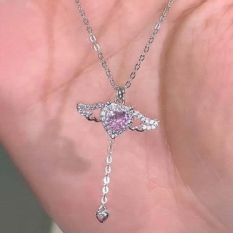 Korean Pink Zircon Heart Pendant Necklace for Women Moving Wings Silver Chain Choker Jewelry Accessories