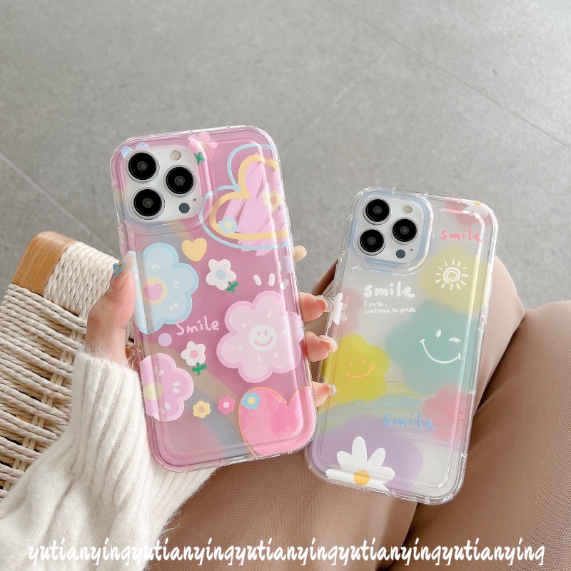 IPHONE Ins Korea Awan Cinta Hati Penutup Belakang Kompatibel Untuk Iphone11 7 8 6 6S Plus XR 14 13 12 Pro MAX X XS MAX Senyum Lucu Segar Cat Air Bunga Lembut TPU Shockproof Airbag Case