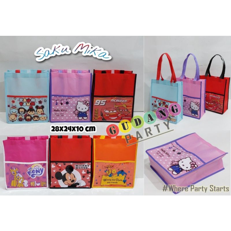 

Spunbond Saku Mika Karakter/Kantong Ultah/Goody Bag/Spunbond Jahit/Tas Souvenir/Tas Party
