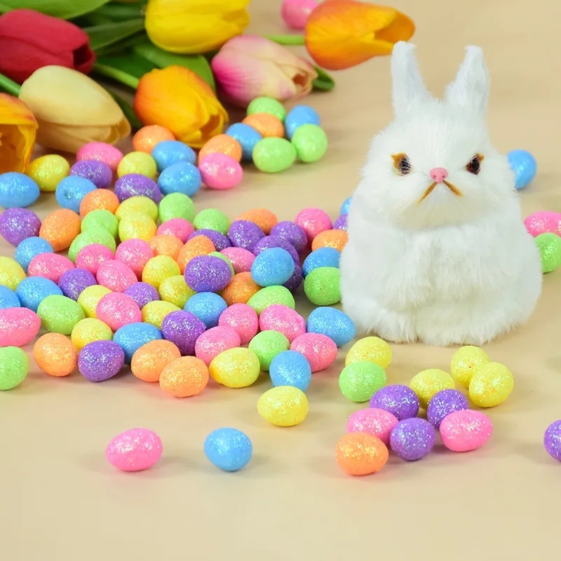 80pcs/set Telur Paskah Mini Artificial Warna-Warni/Telur Burung Busa Glitter/Perlengkapan Dekorasi Pesta Rumah Happy Easter