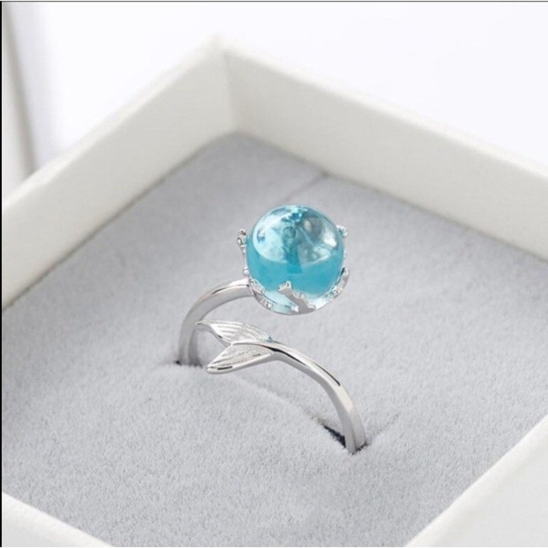 [X C Jewelry] Mermaid Wanita Terbuka Cincin Busa Pasangan Cincin Anniversary Cincin Tunangan Pernikahan Hadiah Ulang Tahun Kristal Biru Aksesoris Fashion