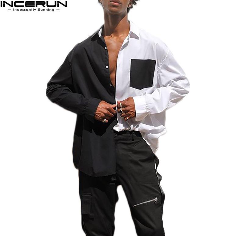 INCERUN Men's Fashion Patchwork Color Long Sleeve Buttons Up Lapel Shirts