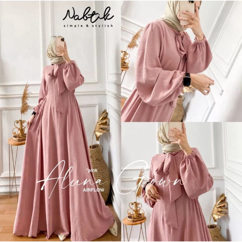 PROMO GAMIS ALUNA GOWN SERIES GAMIS POLOS WARNA HITAM GAMIS LEBARAN WARNA PUTIH