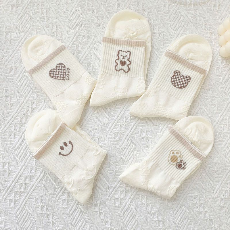 [littlecrab] Kaos Kaki Brown Coklat Motif Beruang Love Smile Bear Chocolate Base Putih Import Sock High Quality Knit Rajut Style Korean Style