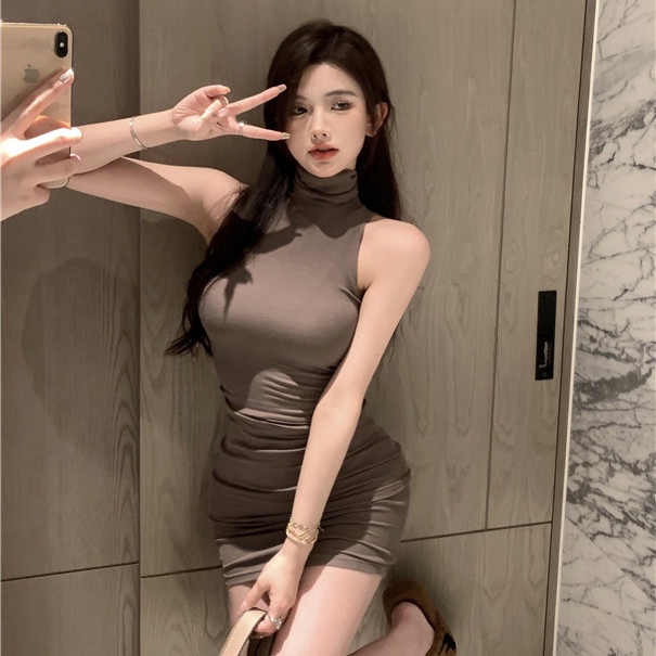 Red Keinginan murni Korea gadis panas berleher tinggi gaun ketat musim semi dan musim gugur rok rompi bagian dalam temperamen pinggang pinggang tas kecil rok pinggul