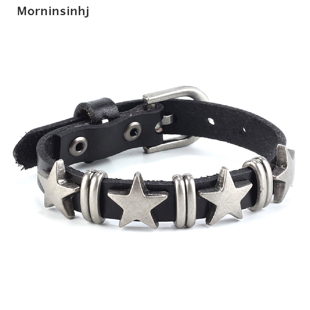 Mornin Retro Punk Gelang Kulit Imitasi Untuk Pria Wanita Bintang Kulit Gelang Adjustable Rivet Alloy Bracelet Goth Perhiasan Aksesoris Pakaian id