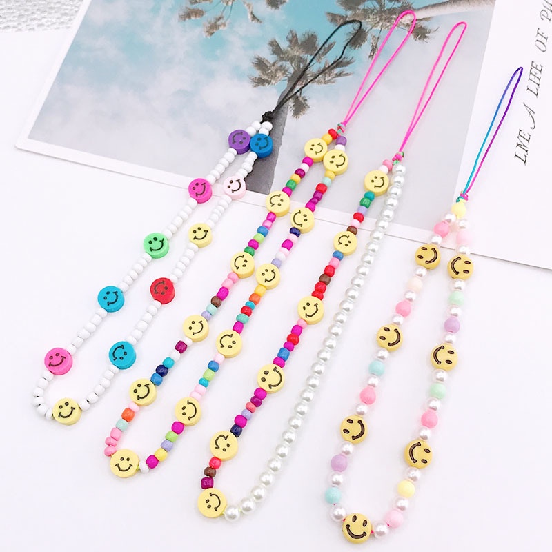 Smile Face Soft Clay Candy Color Rice Beads Chain Dengan Mutiara Tali Telepon Anti Hilang Untuk iPhone Android OPPO VIVO Huawei Xiaomi Redmi Samsung Semua Ponsel Earphone Cases