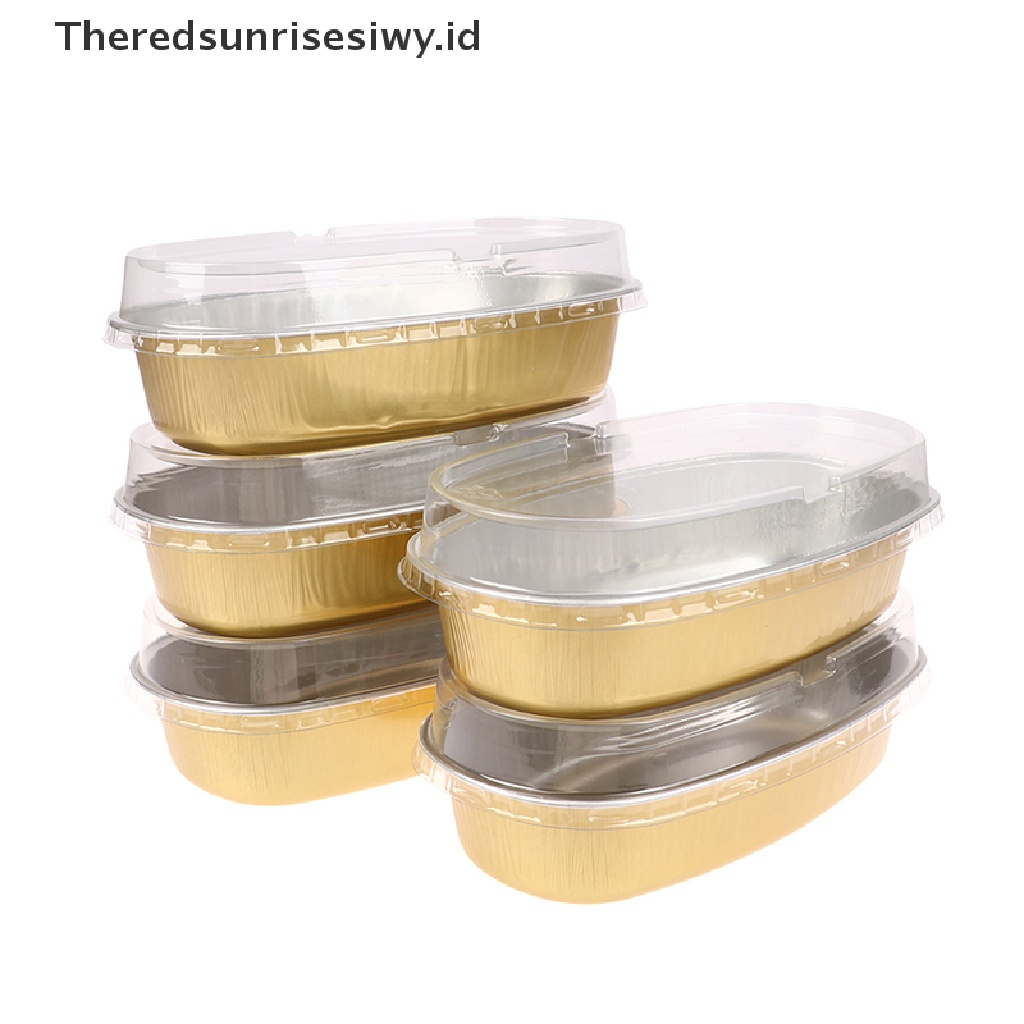 # New # 5pcs Kotak Kue Aluminium Foil Oval 350ML Dengan Tutup Plastik Cup Kemasan Kue~