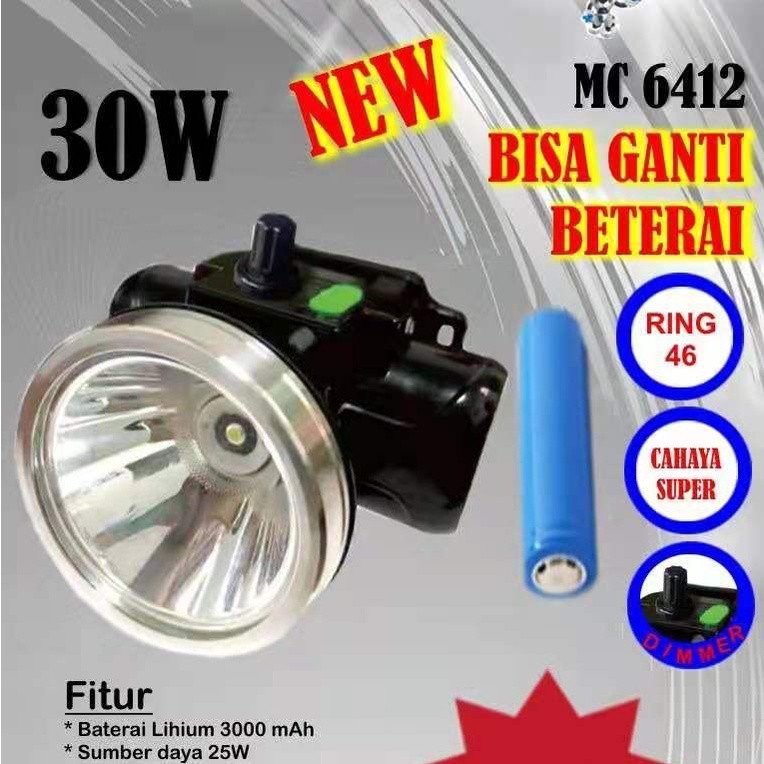 Senter Kepala Dimmer Mikachi 30w Putih MC-6412 Baterai 18650 Cas murah