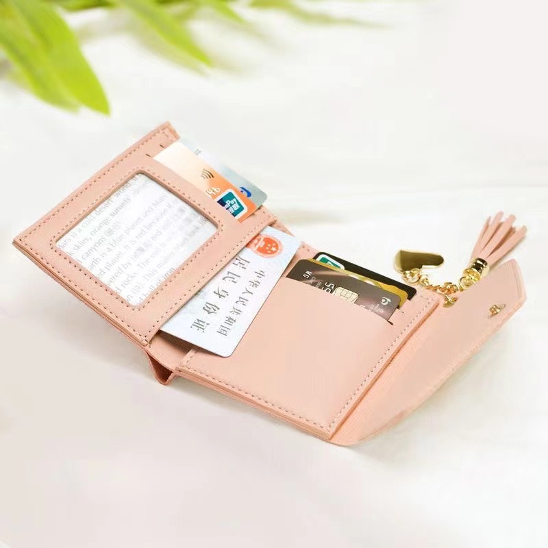 ASIN829  Dompet Lipat Pendek Dompet Lipat Kulit Wanita 8602 Dompet Gantung Cinta Rumbai Mini Dompet Impor