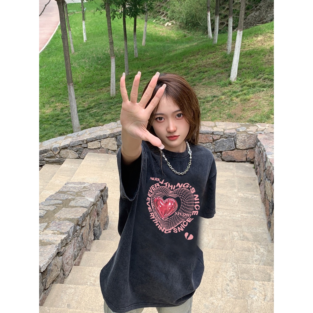 EUNII T-shirt Lengan Pendek Black Washed Retro Pink Graffiti Heart Printing Korean Style/Kaos Atasan Wanita/Baju Wanita/Kaos Wanita