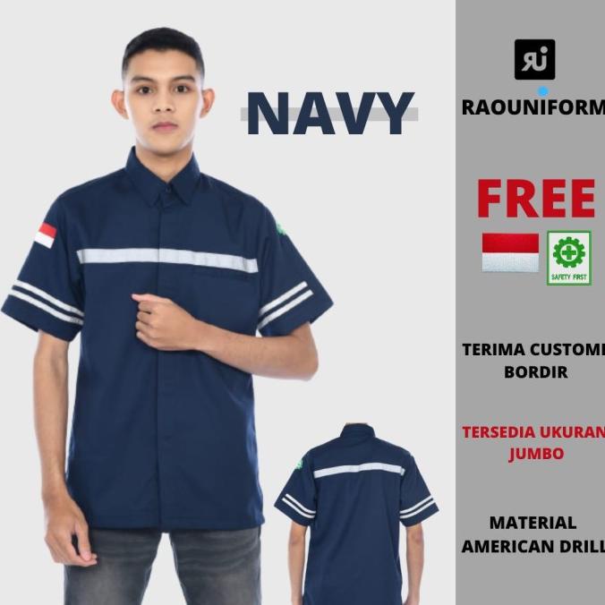 Atasan wearpack lengan pendek pria, seragam pabrik/lapangan, bordir