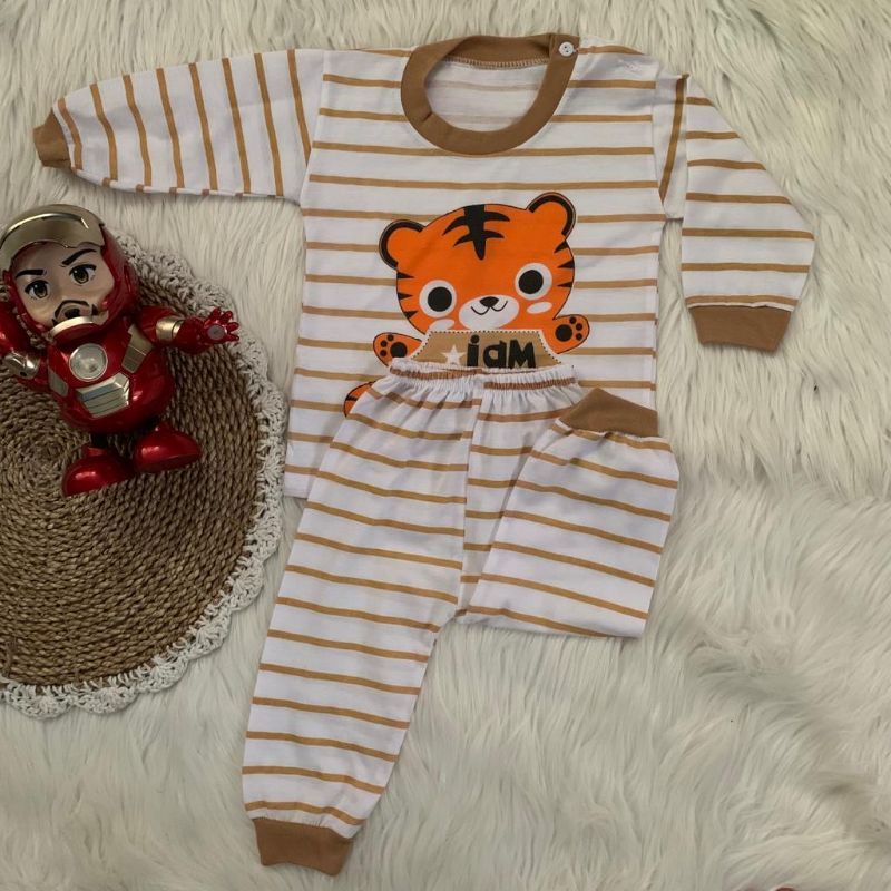 Setelan baju bayi motif TIGER setelan piyama lengan panjang usia 3-15 bulan kancing bahu |Fashion