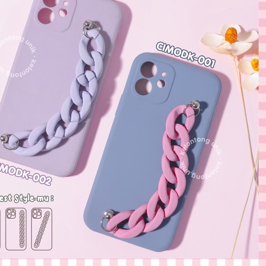 ✿ (Seri 1) For iPhone - Square Edge Silicone Soft Case + Doff Chain Grip/ Chain Case Rantai ✩