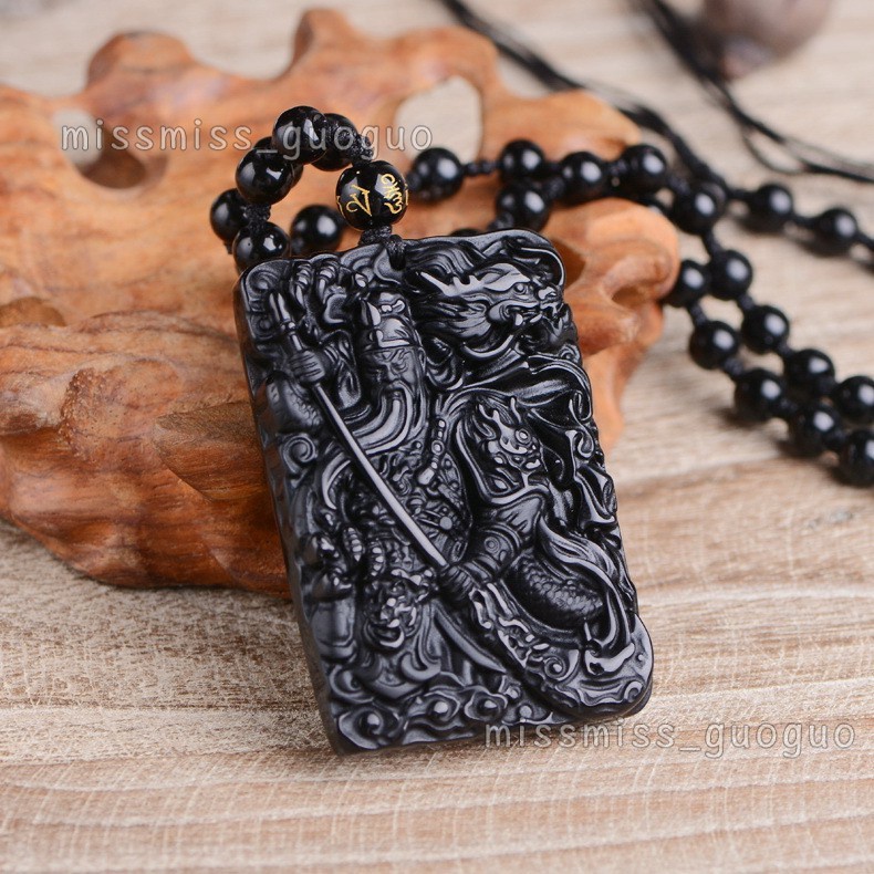 Kalung Keberuntungan Liontin Bahan Obsidian Desain Dewa Kemakmuran Gaya Retro Untuk Priawanita Fortune