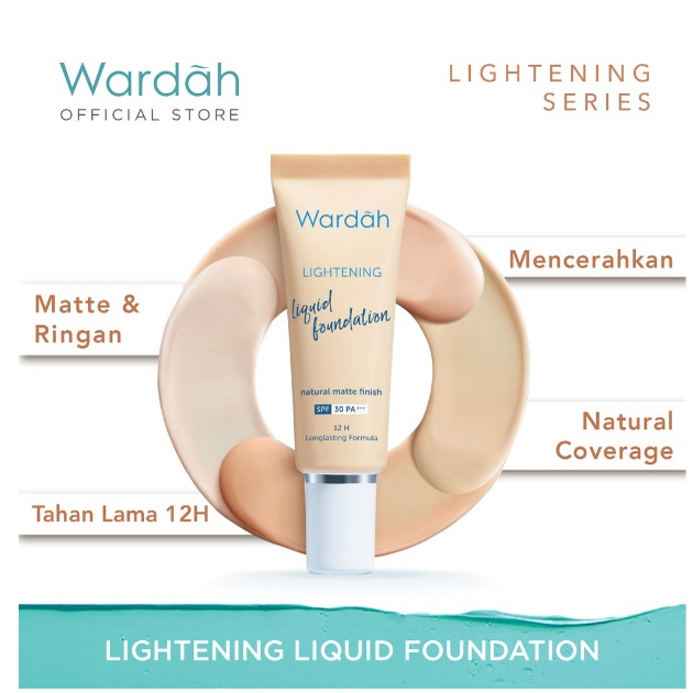 Wardah Lightening Liquid Foundation - Alas Bedak Mencerahkan dan Meratakan Warna Kulit Dengan SPF 30PA+++ Dengan Hasil Matte Tahan Lama