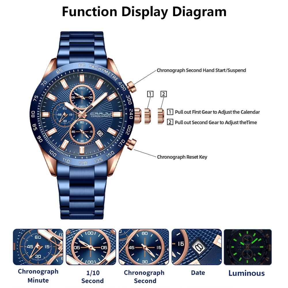 CRRJU Jam Tangan Pria Original Anti Air Mode Bisnis Kuarsa Tali Stainless Steel Crononya Aktif Jam Tangan Cowok