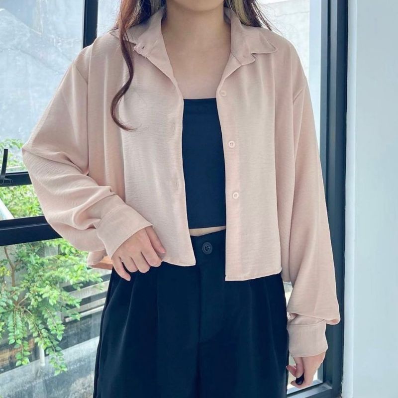 Hanin Crop Top Kemeja Polos Wanita Oversize Atasan Blouse Korean Style Unggul Fashion