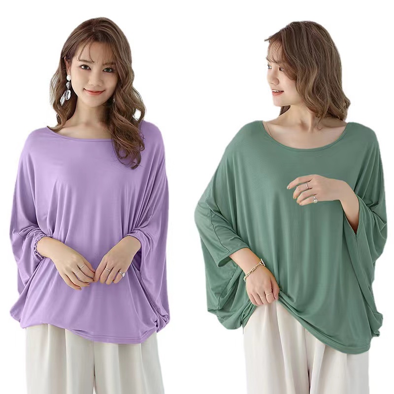 Impor Kapas Modal Blus Lengan 3/4 Wanita Dolman Lengan Tiga Perempat Warna Polos Longgar